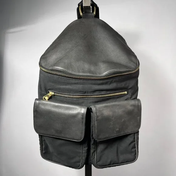 JOHNNY FARAH Black Leather/Nylon Backpack with Gold metal‎ Hardware