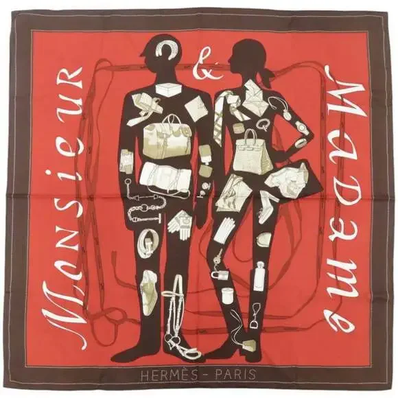 HERMES Authentic Brown Silk Scarf