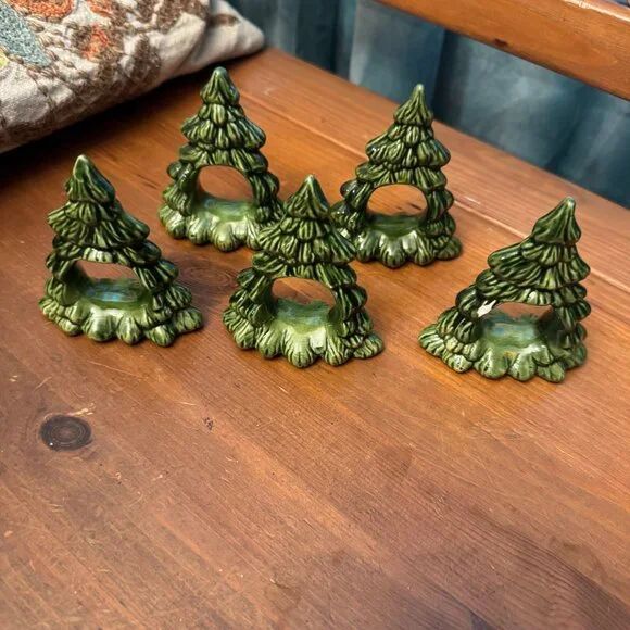 Vintage Ceramic Christmas Pine Tree Napkin Rings 5 piece set read