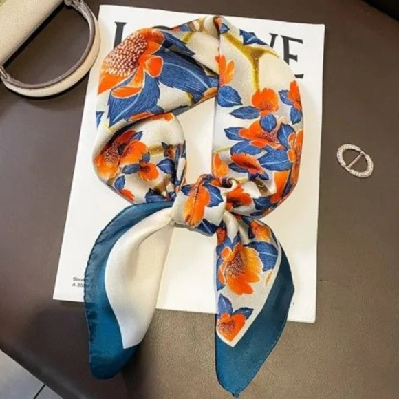Floral Silk Scarf in Blue and Orange