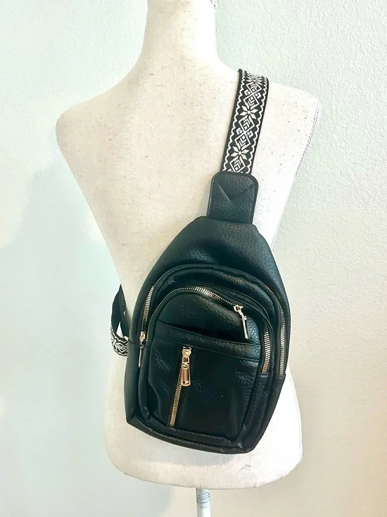 Black Crossbody Sling Backpack Bag with Patterned Strap