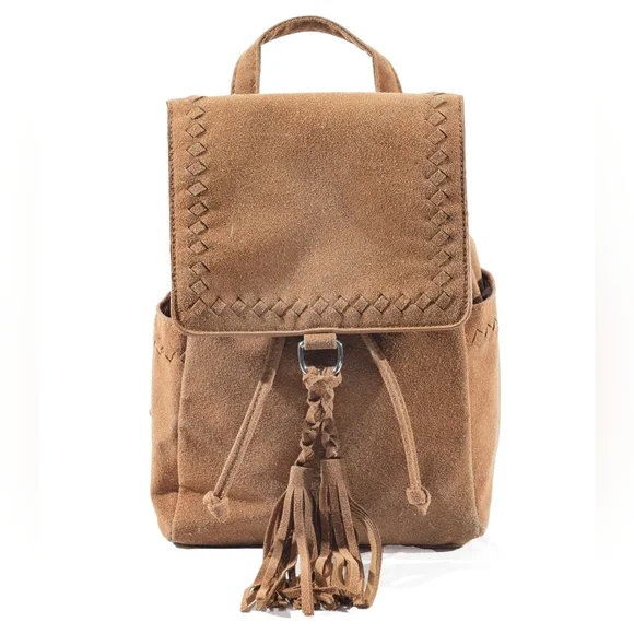 Elegant Tan Suede Backpack with Tassel Accents