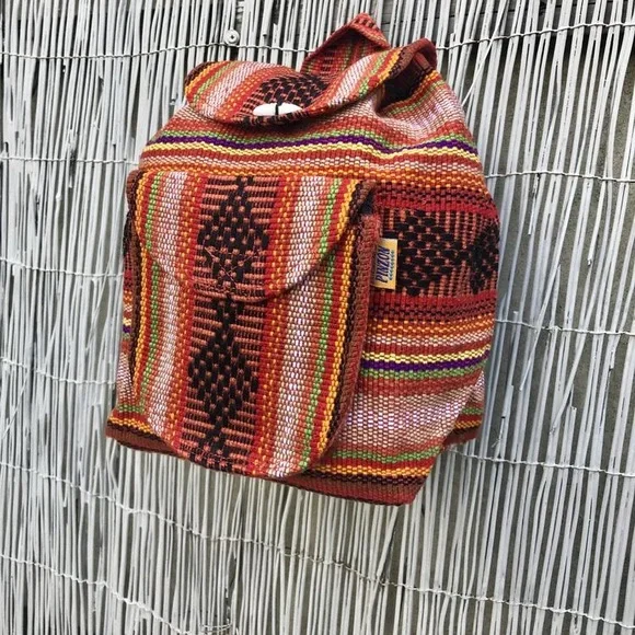Pinzon Mexican Orange Woven Backpack Hippie Boho Hippie Colorful Travel 16x15”
