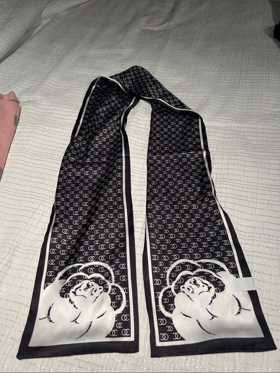 Black & White Logo Print Silk Scarf