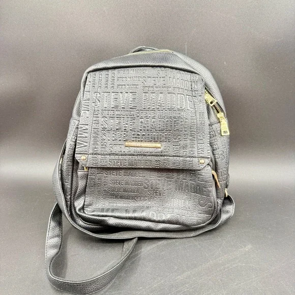 Steve Madden Black Pebbled Leather Mini Backpack Logo Embossed Gold Hardware