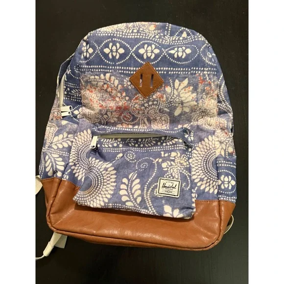 Herschel Supply Co Heritage Backpack Blue Floral Batik Print Faux Leather Basej