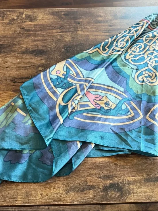 Silk Teal & Blue Printed Scarf Wrap