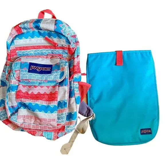 Jansport‎ Aztec Pattern Coral Teal Cream Multiple Zippers Laptop Insert Hg11