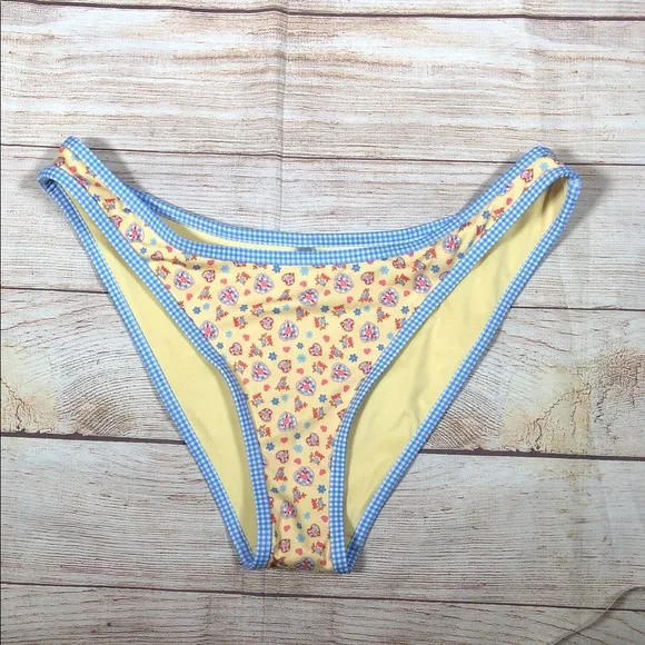 Frankie's Bikinis x PINK Yellow Floral Bikini‎ Bottom with Blue Gingham Trim