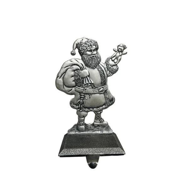 Pewter Santa Stocking‎ Holder Hanger Bag Gifts Christmas Teddy Bear Silver Tone