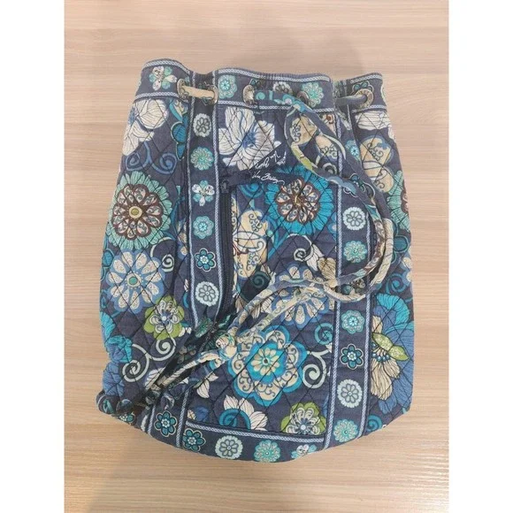 Vera Bradley Backpack Bag Large Mod Blue‎ Floral 100% Quilted Cotton Drawstring