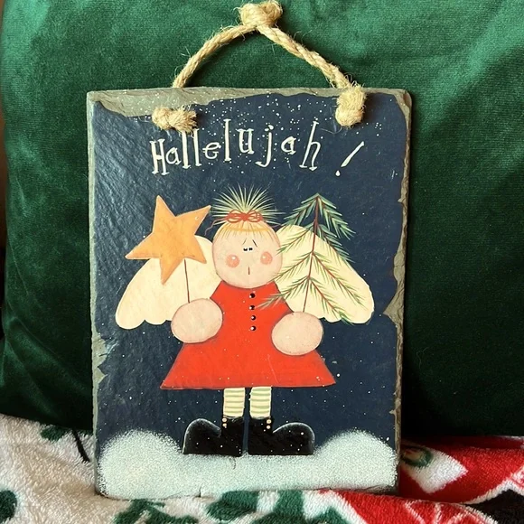 Hallelujah Christmas Angel Painted Slate Wall Hanging 7.5” Tall