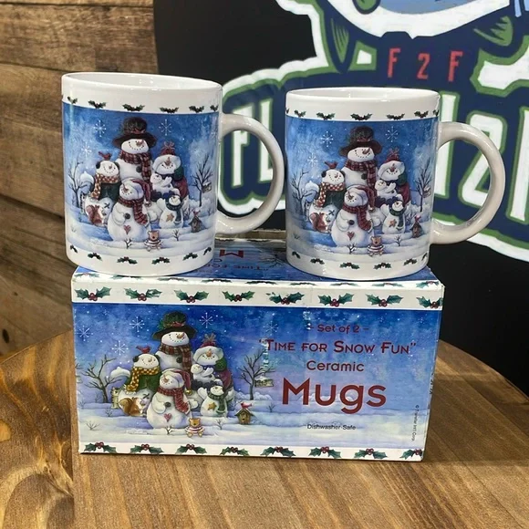 Set of 2 Time for Snow Fun Ceramic Christmas Coffee Mugs With Box