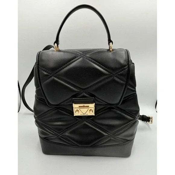 Michael Kors Serena Backpack Quilted Leather Flap Black & Gold mult pockets MED