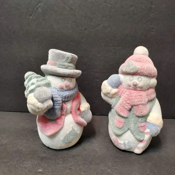 Vintage Flocked Mr and Mrs Snowman Figurines, Set of 2, Christmas Statues