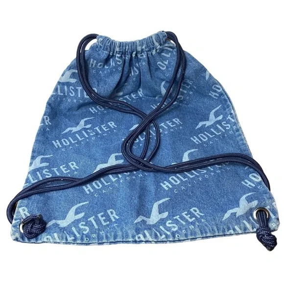 Y2K Style Hollister Bag Drawstring‎ Denim Jean Backpack with Logo