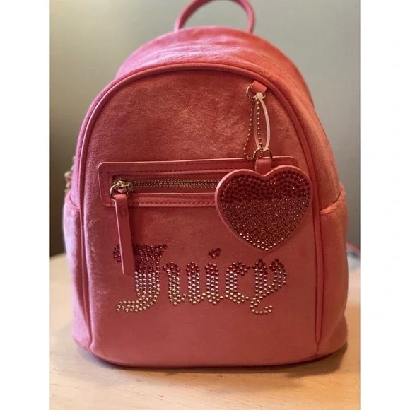 Juicy Couture Pink Velour Mini Backpack‎ Crystal Heart Charm Rhinestone Logo