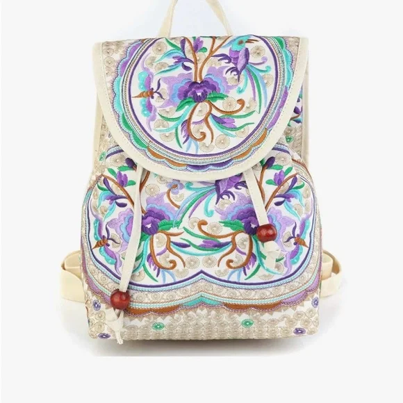 Elegant Floral Embroidered Backpack - Cream and Purple