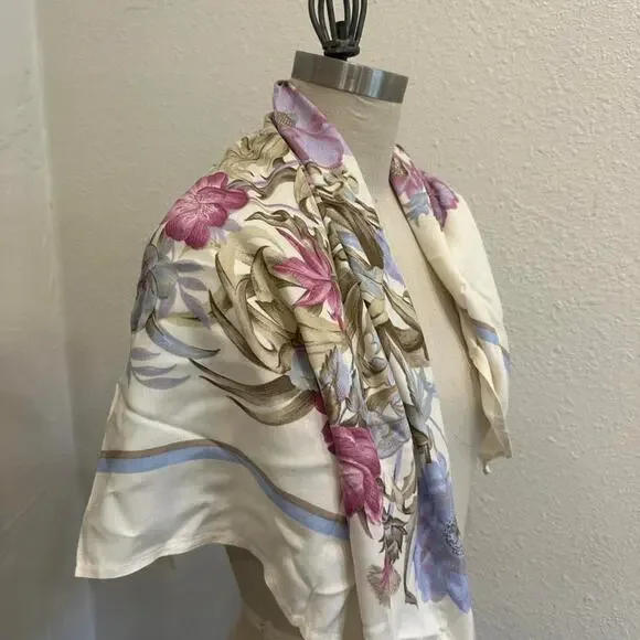 Vintage Floral Silk Scarf | Pastel Botanical Bouquet | Ivory Square Scarf