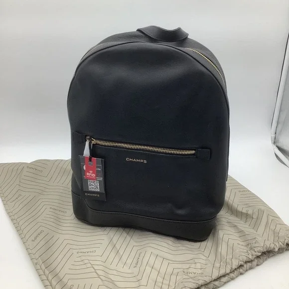 CHAMPS Black Leather RFID Protection Backpack‎ Style LCB-502 NWT