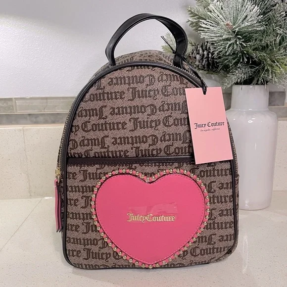 NEW Juicy Couture Brown Monogram‎ Mini Backpack Pink Studded Heart Gothic Logo