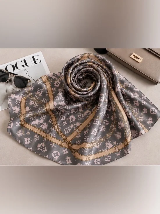Grey & Pink Chain Print Silk Inspired Scarf
