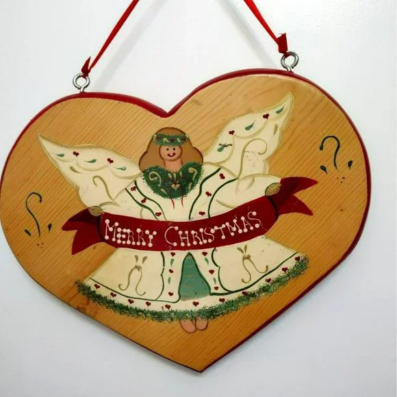 Vintage Christmas Heart-Shape Wood Sign Holiday Angel Hand Painted Mexico 1995