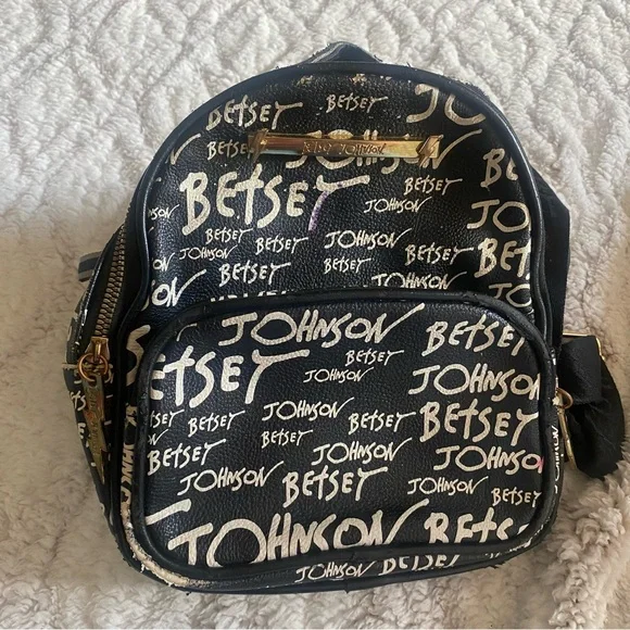 Betsey Johnson Mini Backpack Black White Gold Hardware Streetwear Casual READ