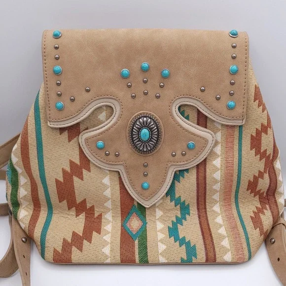 Justin Boots Southwestern Style Leather Backpack Purse Tan and Turquoise Bag