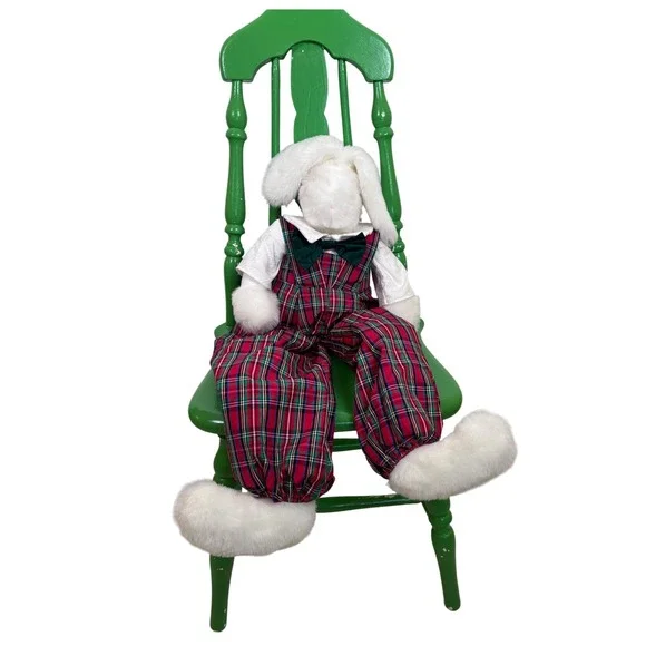VTG Bunnies By The Bay Christmas Plush Boy Bunny‎ Plaid Overalls Holiday 28