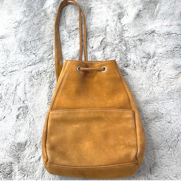 Eddie Bauer Tan Suede Leather Bag Drawstring One Shoulder Backpack Purse‎