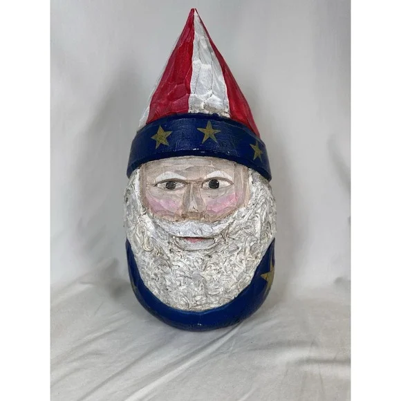 Hand Carved Patriotic Santa Figure Red White Blue Americana Folk Art Decoration‎