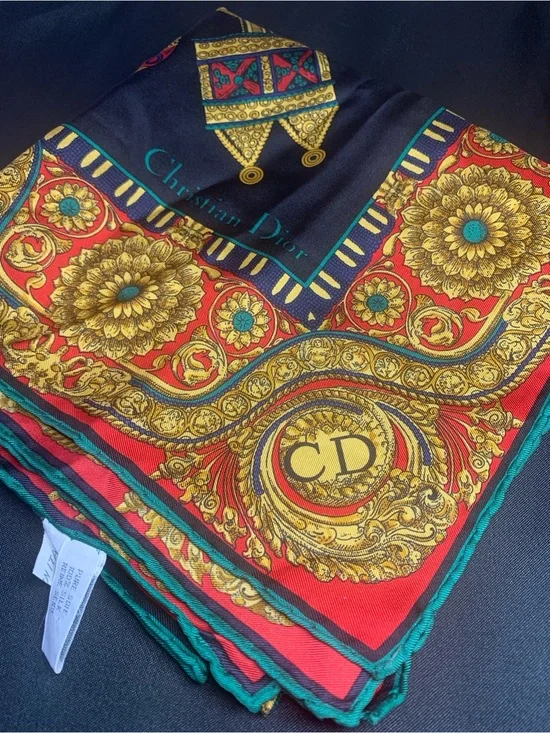 Dior Red, Gold & Teal Baroque Silk Scarf