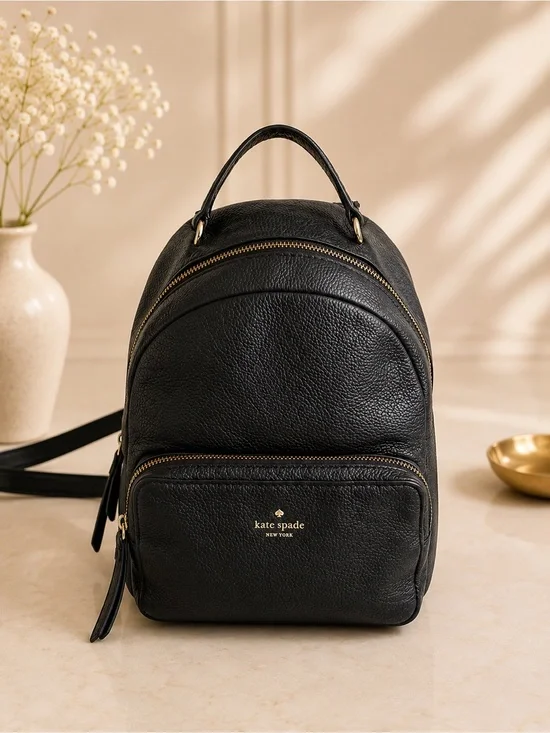 Kate Spade Black Pebbled Leather Mini Backpack Gold Hardware Travel Purse