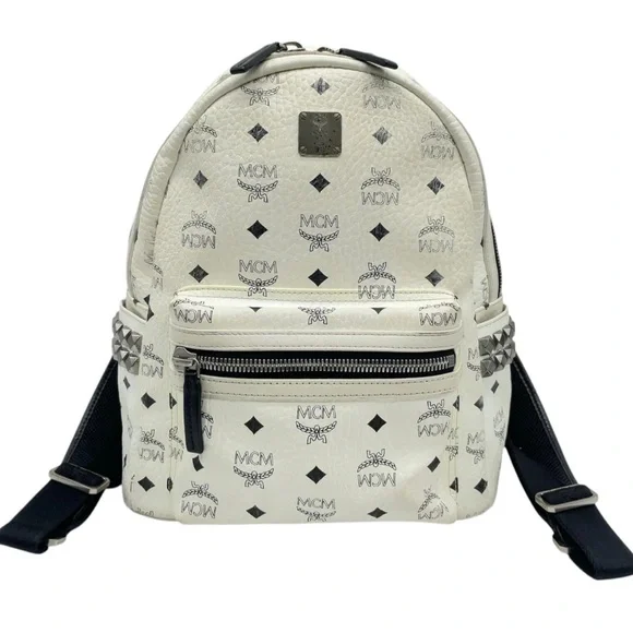 Authentic MCM Visetos Pattern White Leather Studded Backpack medium size