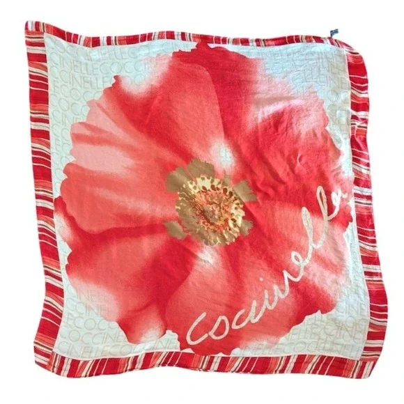 Coccinelle Silk Scarf Red‎ Poppy Floral Logo Print Made in Italy Square Scarf