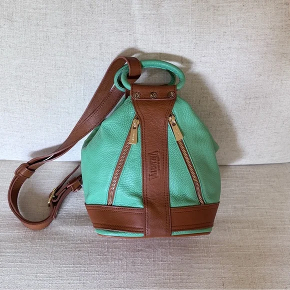 Valentina Italian Pebbled Leather‎ Sling Bag Backpack Purse Mint Green /Brown