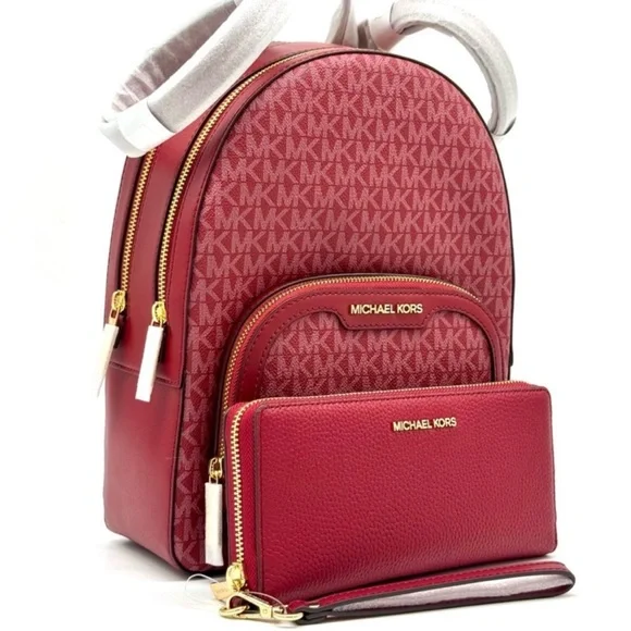 Michael Kors Jaycee Medium Logo Backpack & Matching Continental Wallet Cherry