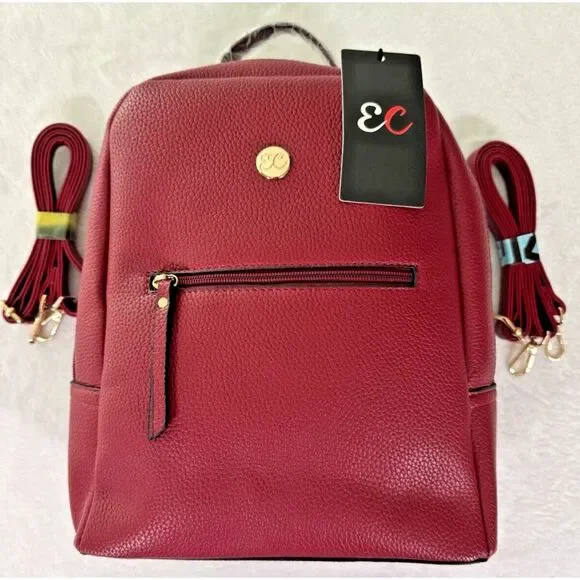 EC Ella Charles Pebbled Leather Backpack Burgundy/Red NWT Pockets Lined‎