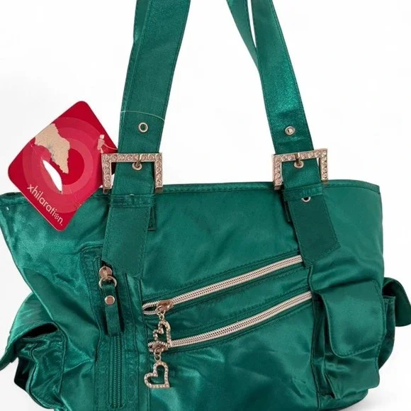 Y2K 2000s Deadstock Xhilaration‎ Emerald satin handbag with heart charm zipper