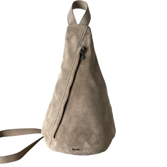 The Sak Leather Suede Sling Backpack Taupe Slouchy Zip Crossbody Bag