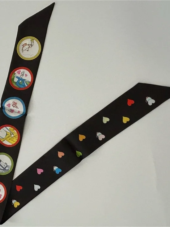 Black Silk Skinny Scarf with Multicolor Heart Motif