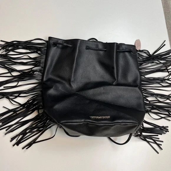 Victoria's Secret Fringe Bag Purse Backpack Black Faux Leather NEW