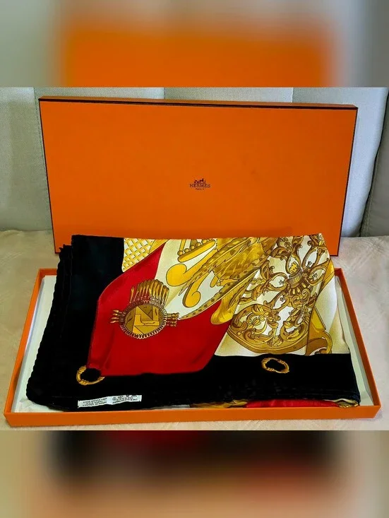Authentic Hermes Red, Black & Gold Silk Scarf