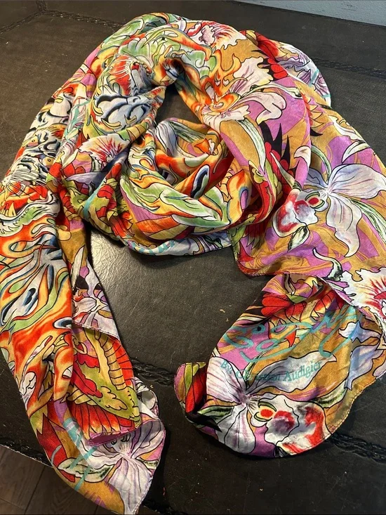 Vintage Ed Hardy  100% Silk Vibrant Multicolor Floral Silk Scarf 🧣