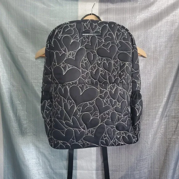 Luv Betsey Johnson Black Quilted Heart Backpack Rainbow Stitching and bag 2p set
