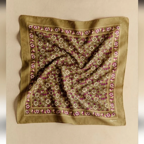 Sezane Olive Green and Magenta Floral Silk Scarf