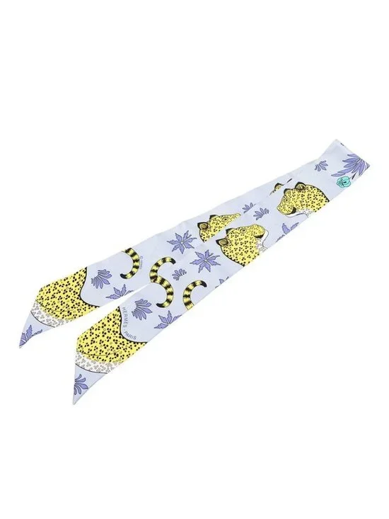 Hermes Twilly les Leopard Scarf Blue Yellow Silk