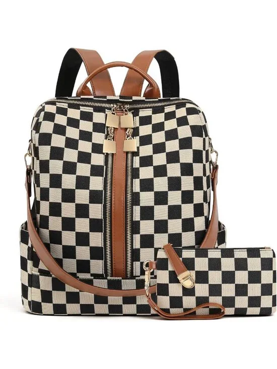 Stylish Checkered Backpack Purse for Women - Plaid Leather Bag for Travel & Work