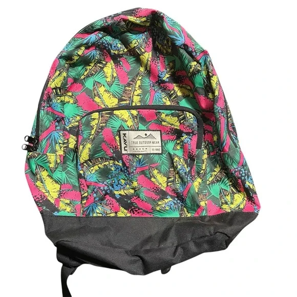 KAVU‎ True Outdoor Tropical Leaf Print Backpack Neon Pink Teal Yellow Daypack